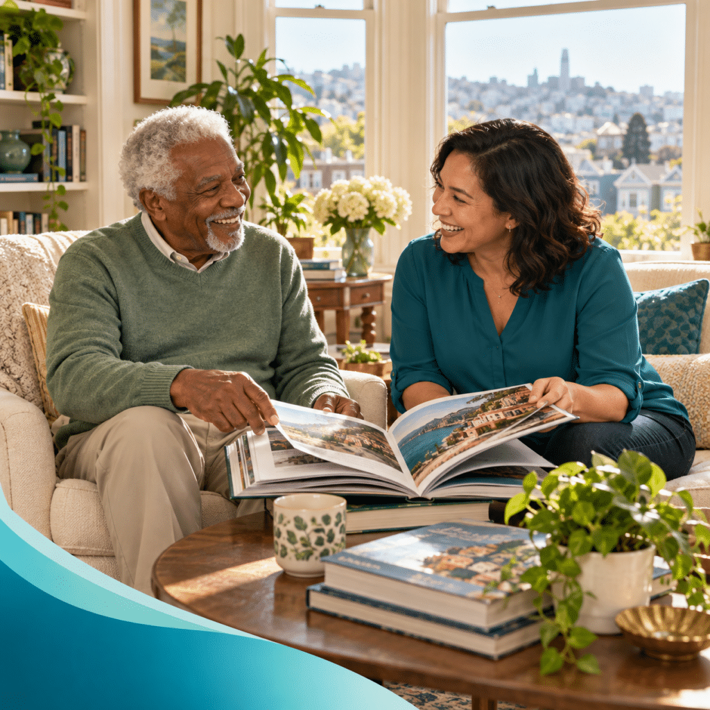 Older man and companion caregiver sharing a travel book and conversation in a bright living room.